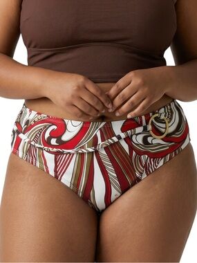Tara Grinna Bikini Bottoms NWT Size 12 Red Swirl Print Gold Ring Detail USA